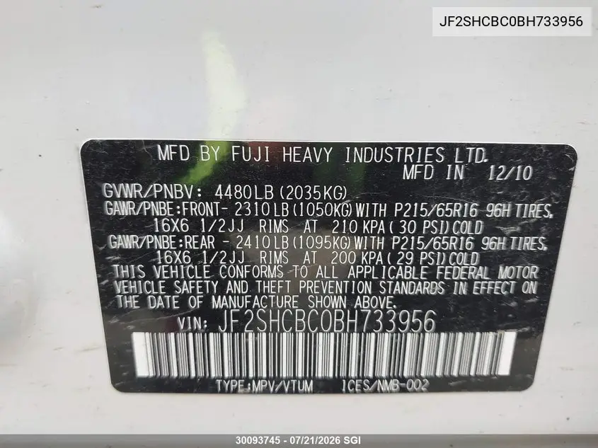 2011 Subaru Forester 2.5X VIN: JF2SHCBC0BH733956 Lot: 30093745