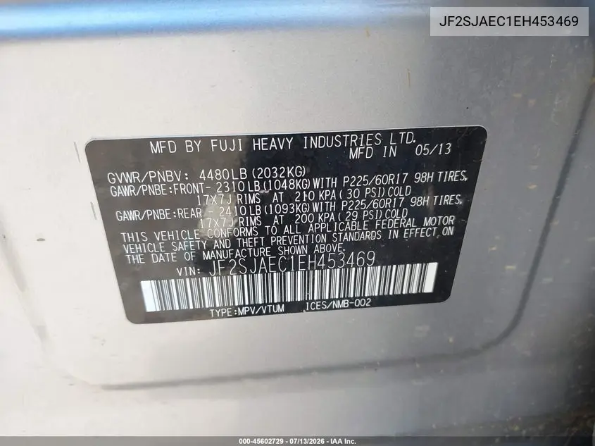 2014 Subaru Forester 2.5I Premium VIN: JF2SJAEC1EH453469 Lot: 45602729