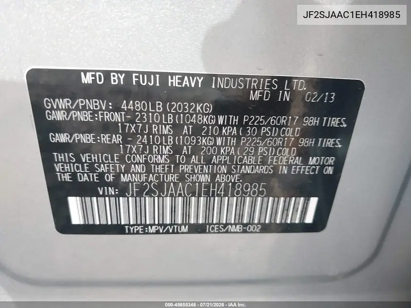 2014 Subaru Forester 2.5I VIN: JF2SJAAC1EH418985 Lot: 45655346