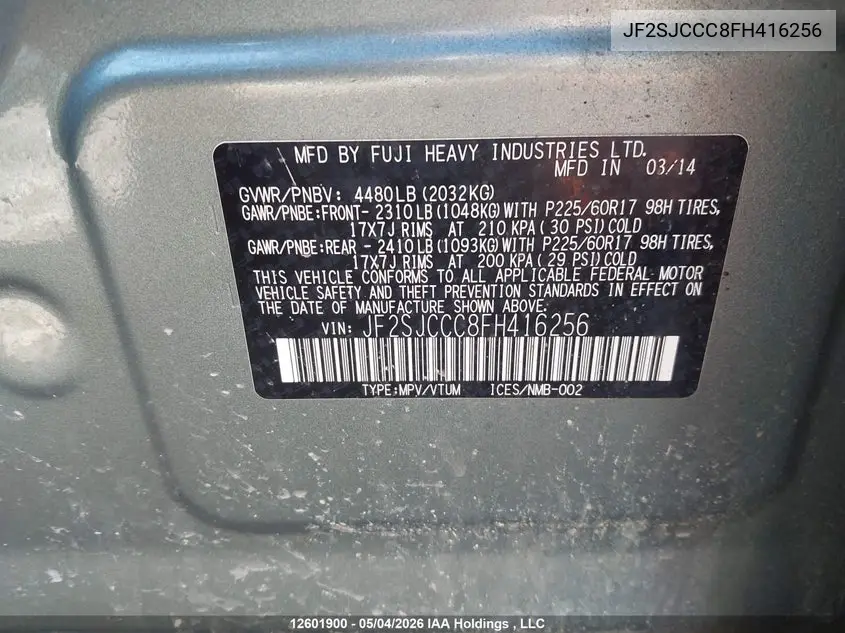 2015 Subaru Forester 2.5I Convenience Package VIN: JF2SJCCC8FH416256 Lot: 12601900x