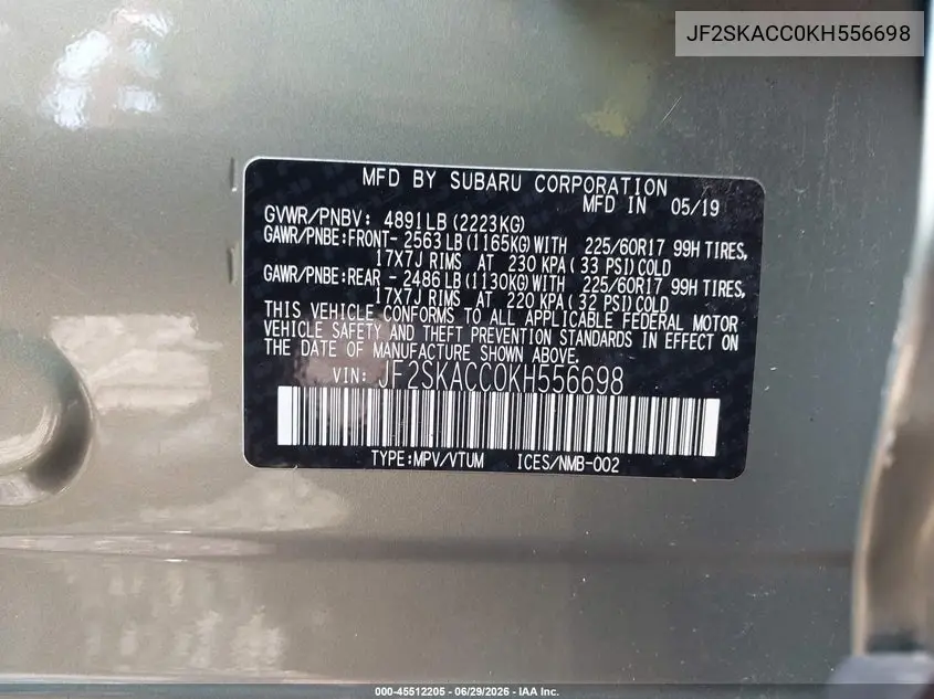 2019 Subaru Forester VIN: JF2SKACC0KH556698 Lot: 45512205