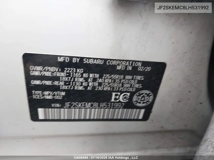 2020 Subaru Forester Sport VIN: JF2SKEMC8LH531992 Lot: 12656494x