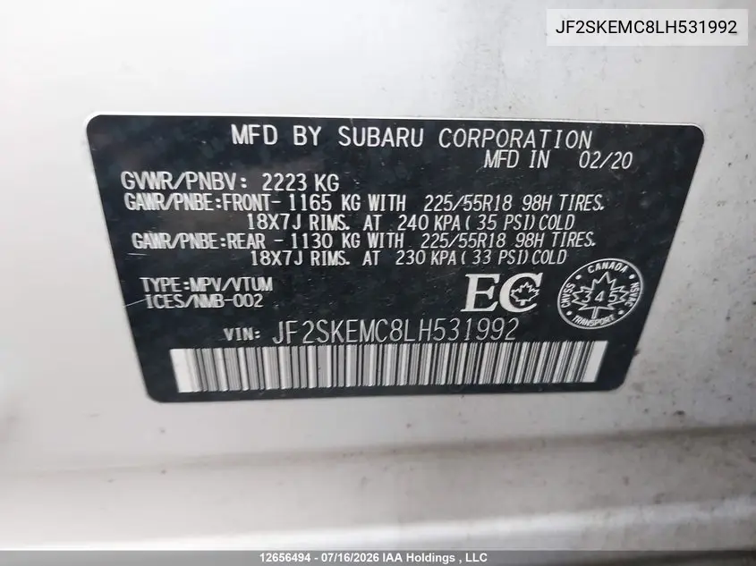 2020 Subaru Forester Sport VIN: JF2SKEMC8LH531992 Lot: 12656494x