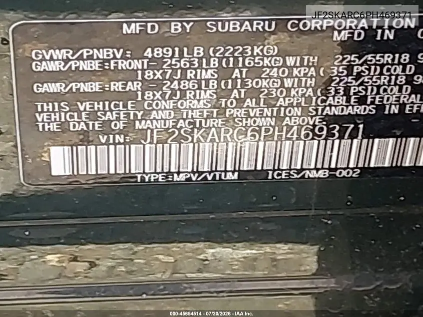 2023 Subaru Forester Touring VIN: JF2SKARC6PH469371 Lot: 45654514