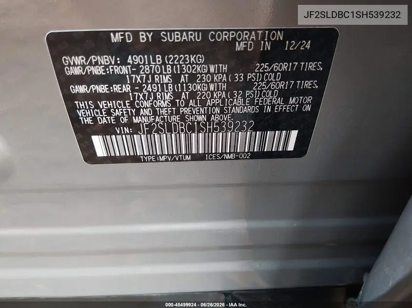 2025 Subaru Forester Premium VIN: JF2SLDBC1SH539232 Lot: 45499924