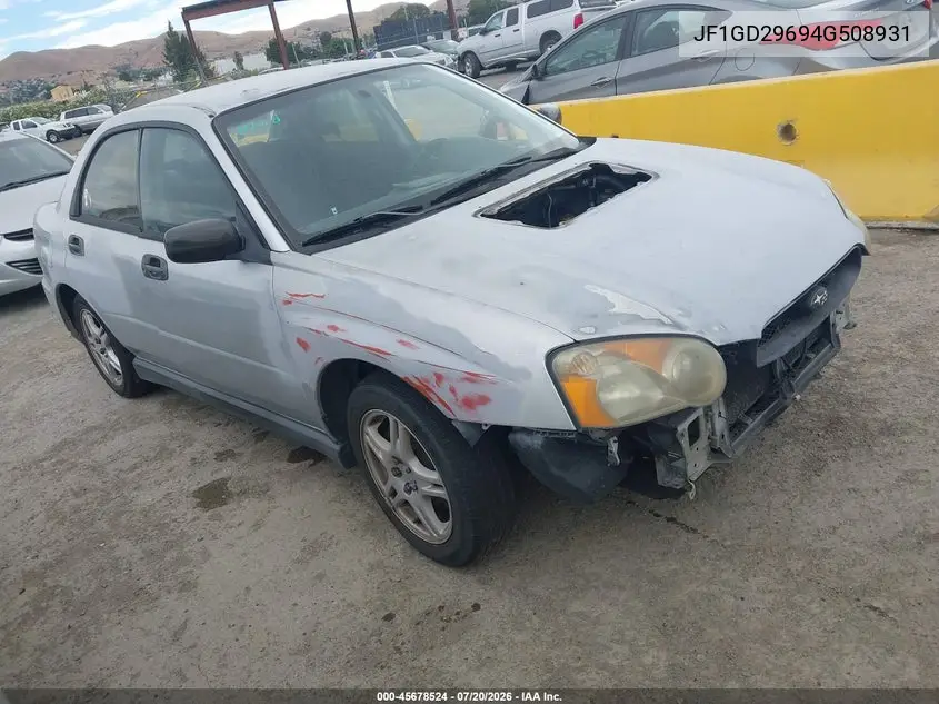 2004 Subaru Impreza Wrx VIN: JF1GD29694G508931 Lot: 45678524