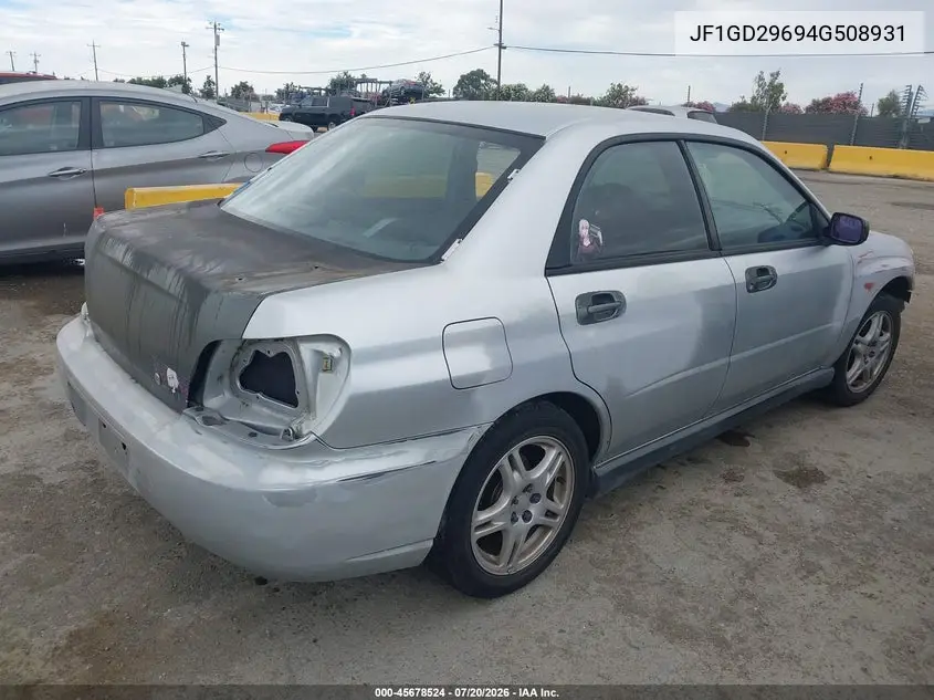 2004 Subaru Impreza Wrx VIN: JF1GD29694G508931 Lot: 45678524