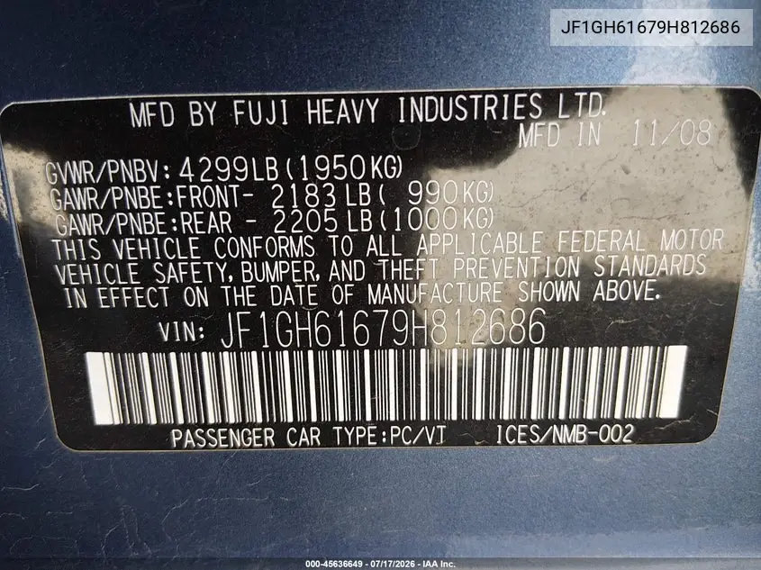 2009 Subaru Impreza 2.5I VIN: JF1GH61679H812686 Lot: 45636649