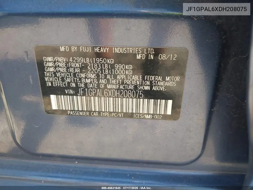 2013 Subaru Impreza 2.0I Sport Premium VIN: JF1GPAL6XDH208075 Lot: 45631645
