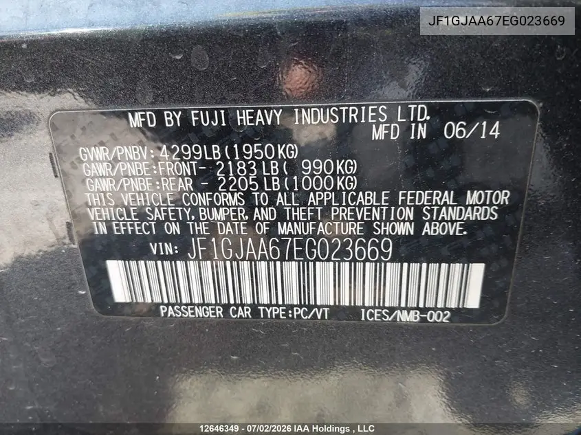 2014 Subaru Impreza 2.0I VIN: JF1GJAA67EG023669 Lot: 12646349