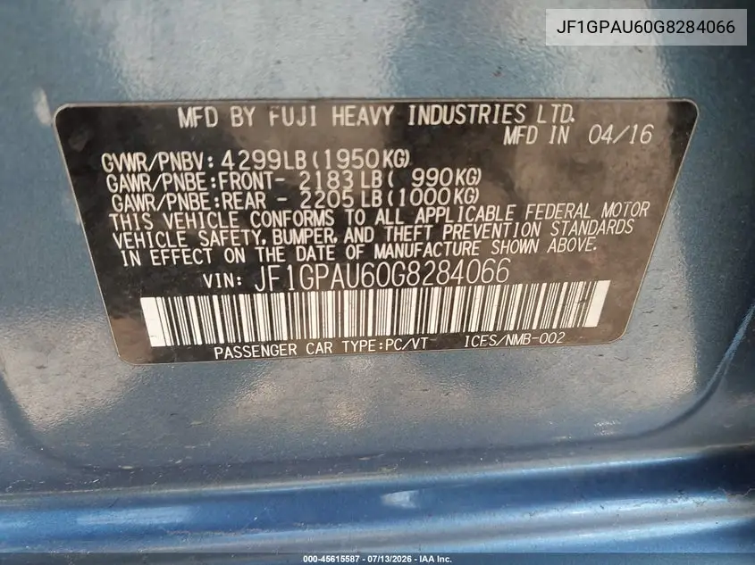 2016 Subaru Impreza 2.0I Sport Limited VIN: JF1GPAU60G8284066 Lot: 45615587