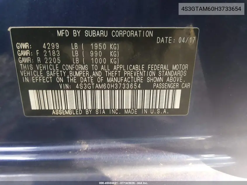 2017 Subaru Impreza 2.0I Sport VIN: 4S3GTAM60H3733654 Lot: 45555831
