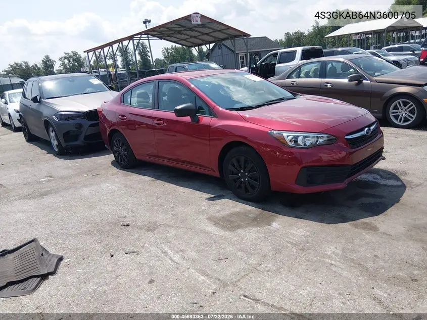 2022 Subaru Impreza Base VIN: 4S3GKAB64N3600705 Lot: 45693363