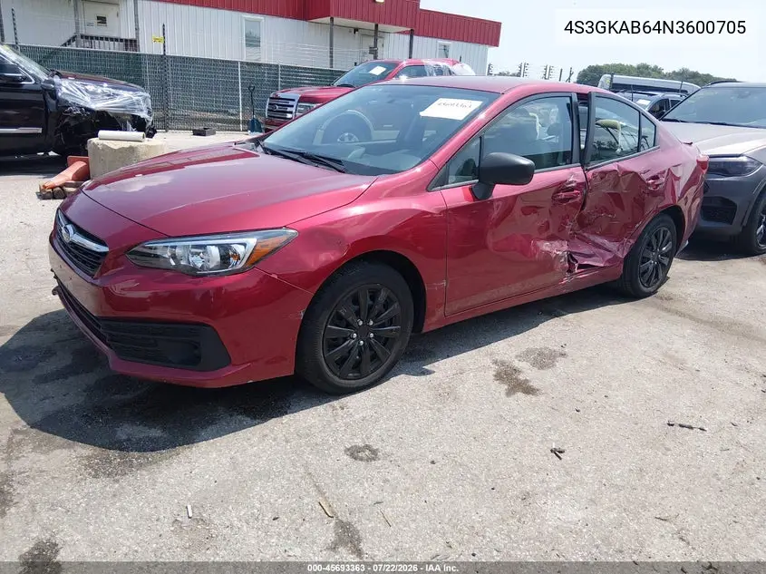2022 Subaru Impreza Base VIN: 4S3GKAB64N3600705 Lot: 45693363