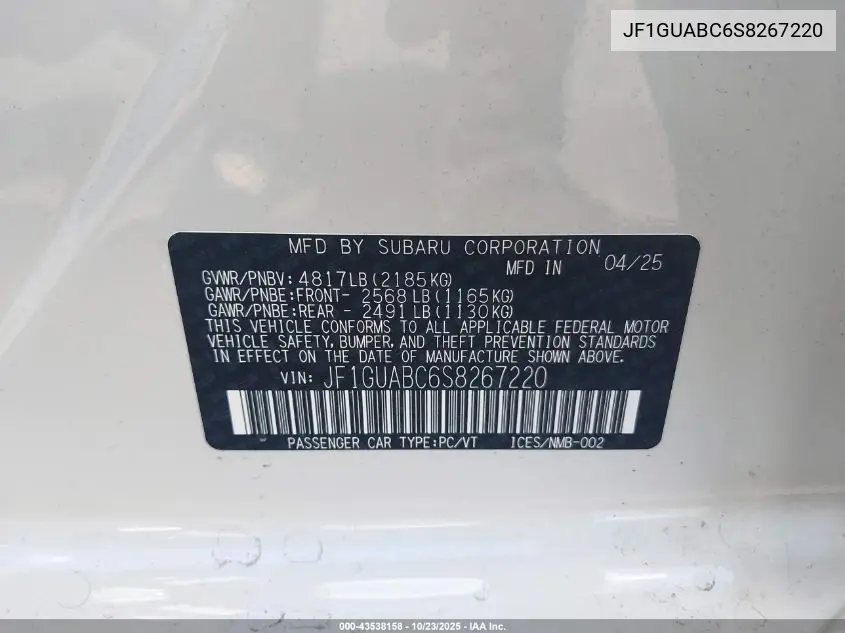 JF1GUABC6S8267220 2025 Subaru Impreza Base 5-Door
