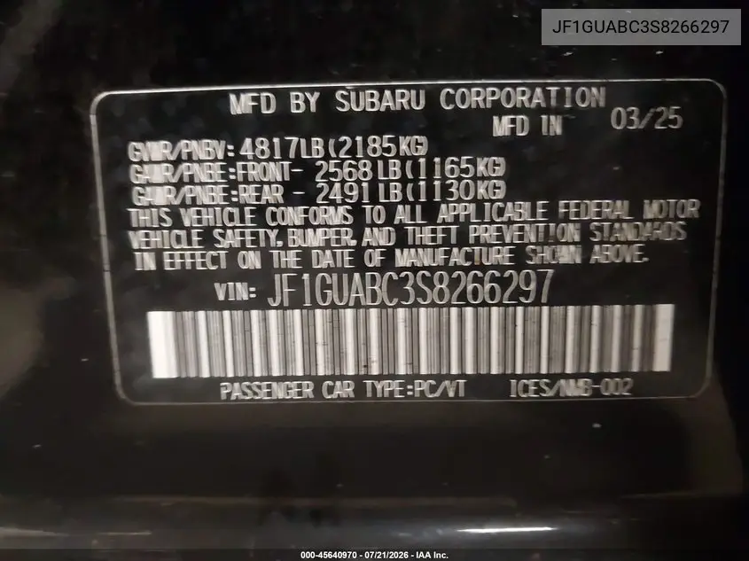 2025 Subaru Impreza Base 5-Door VIN: JF1GUABC3S8266297 Lot: 45640970