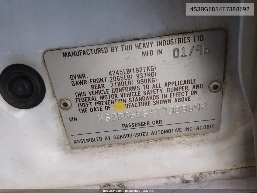 1996 Subaru Legacy Outback VIN: 4S3BG6854T7388692 Lot: 45317908