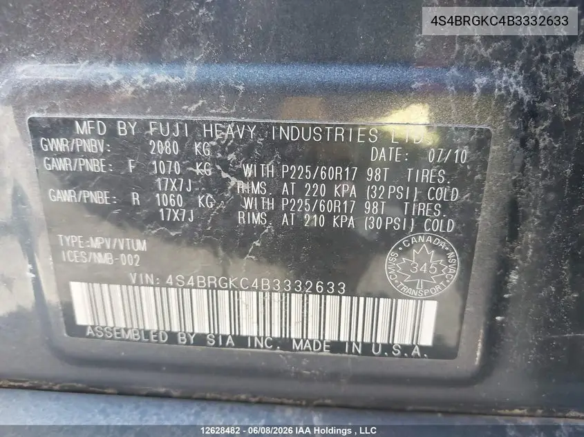2011 Subaru Legacy Outback VIN: 4S4BRGKC4B3332633 Lot: 12628482