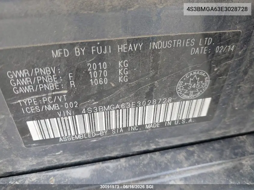 2014 Subaru Legacy 2.5I VIN: 4S3BMGA63E3028728 Lot: 30091973