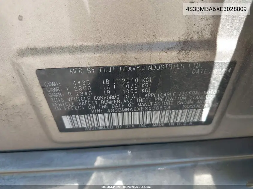 2014 Subaru Legacy 2.5I VIN: 4S3BMBA6XE3028809 Lot: 45441820