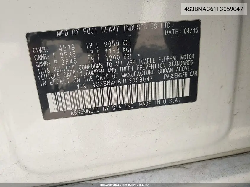 2015 Subaru Legacy 2.5I Premium VIN: 4S3BNAC61F3059047 Lot: 45327044