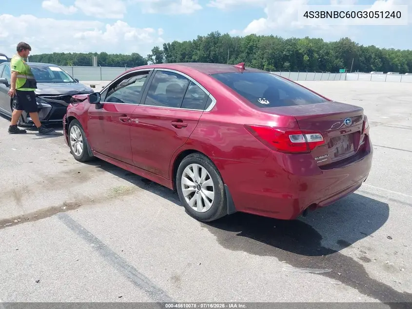2016 Subaru Legacy 2.5I Premium VIN: 4S3BNBC60G3051240 Lot: 45610078