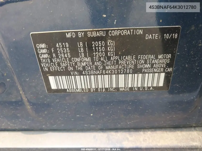 2019 Subaru Legacy 2.5I Premium VIN: 4S3BNAF64K3012780 Lot: 45669111