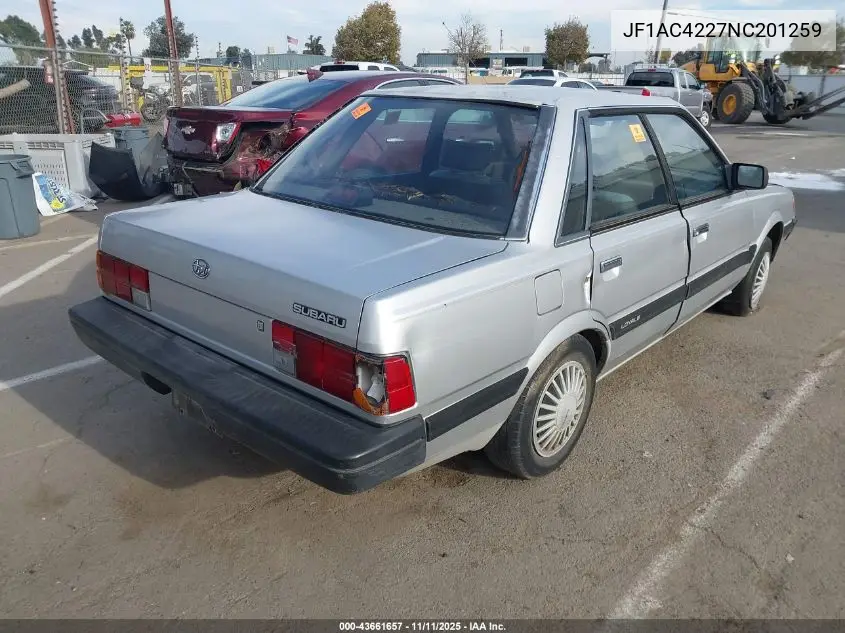 1992 Subaru Loyale VIN: JF1AC4227NC201259 Lot: 43661657