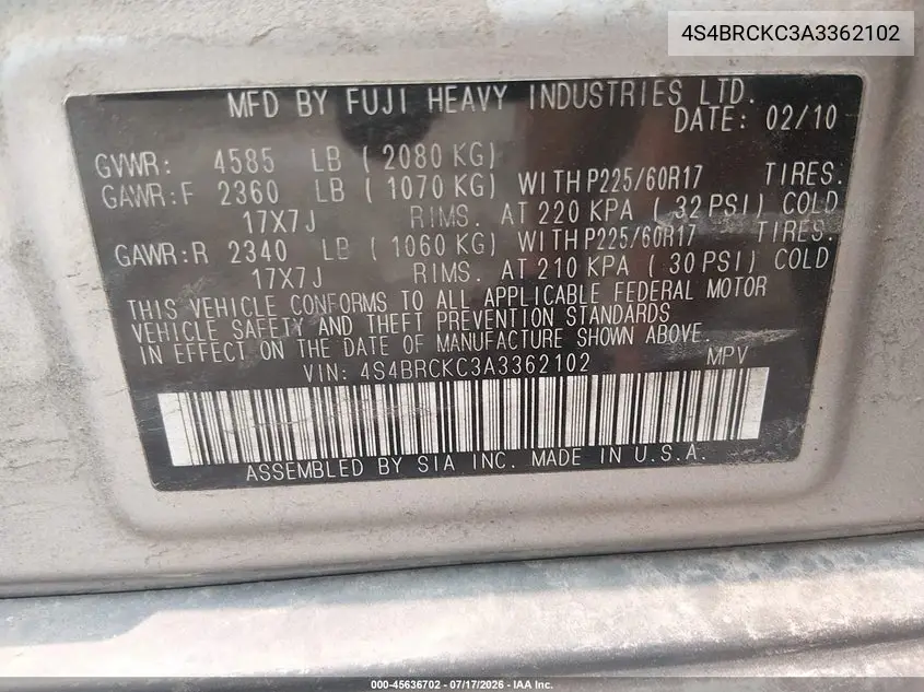 2010 Subaru Outback 2.5I Limited VIN: 4S4BRCKC3A3362102 Lot: 45636702