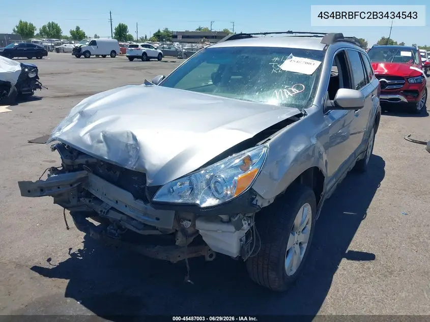 2011 Subaru Outback 2.5I Premium VIN: 4S4BRBFC2B3434543 Lot: 45487003