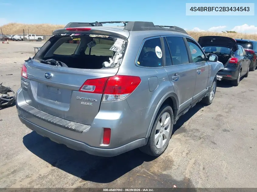 2011 Subaru Outback 2.5I Premium VIN: 4S4BRBFC2B3434543 Lot: 45487003