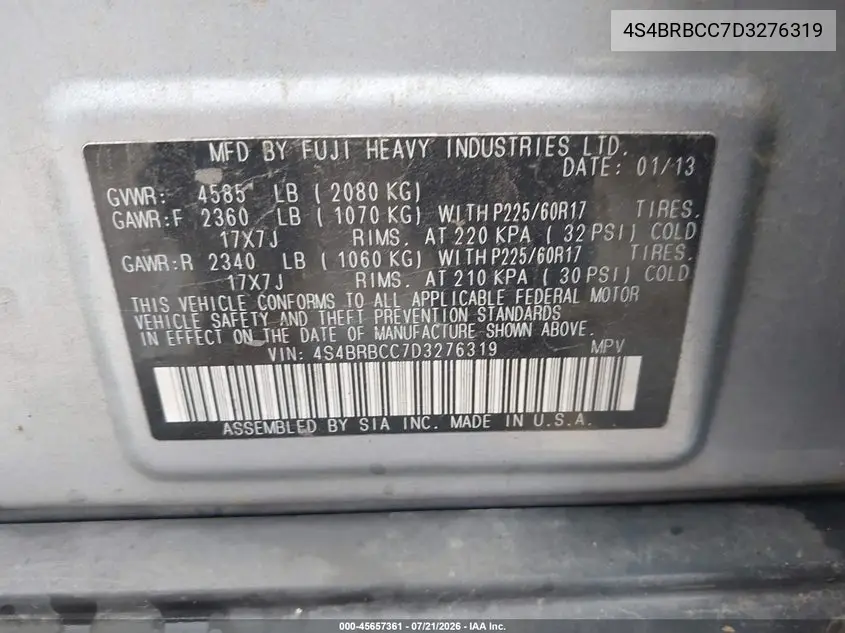 2013 Subaru Outback 2.5I Premium VIN: 4S4BRBCC7D3276319 Lot: 45657361