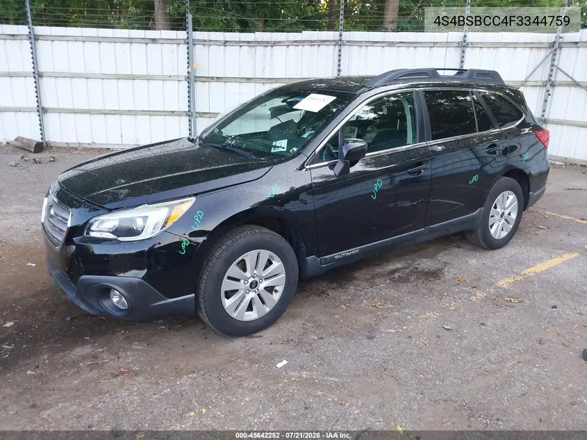 2015 Subaru Outback 2.5I Premium VIN: 4S4BSBCC4F3344759 Lot: 45642252