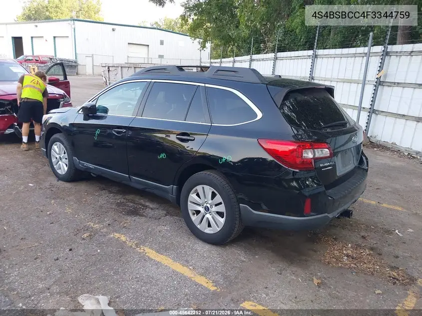 2015 Subaru Outback 2.5I Premium VIN: 4S4BSBCC4F3344759 Lot: 45642252