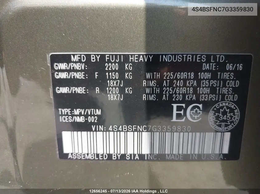 2016 Subaru Outback 3.6R Limited VIN: 4S4BSFNC7G3359830 Lot: 12656245