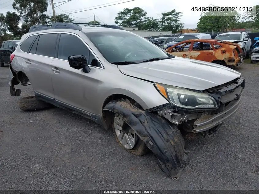 2016 Subaru Outback 2.5I Premium VIN: 4S4BSBDC5G3214215 Lot: 45689100