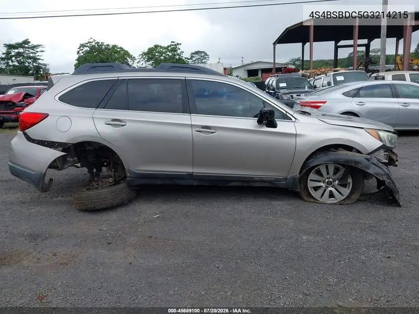2016 Subaru Outback 2.5I Premium VIN: 4S4BSBDC5G3214215 Lot: 45689100