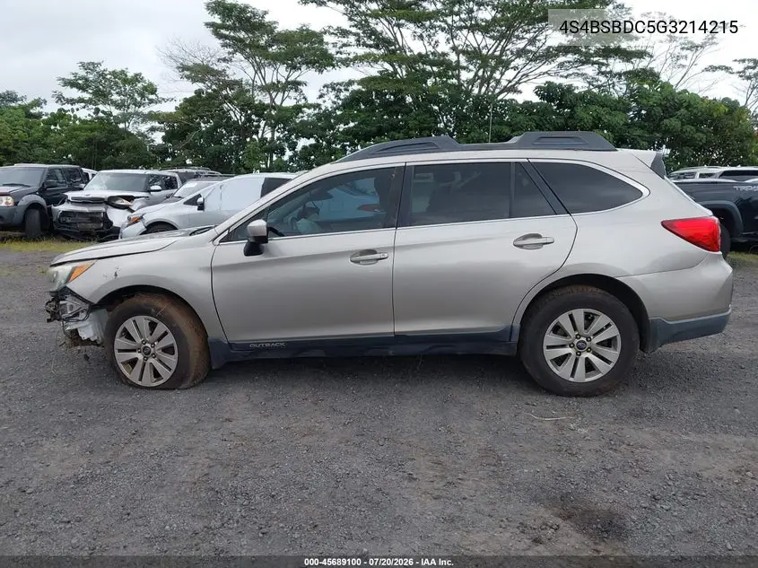 2016 Subaru Outback 2.5I Premium VIN: 4S4BSBDC5G3214215 Lot: 45689100