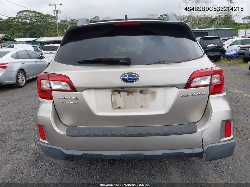 2016 Subaru Outback 2.5I Premium VIN: 4S4BSBDC5G3214215 Lot: 45689100