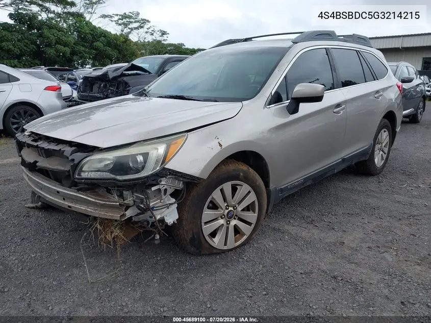 2016 Subaru Outback 2.5I Premium VIN: 4S4BSBDC5G3214215 Lot: 45689100