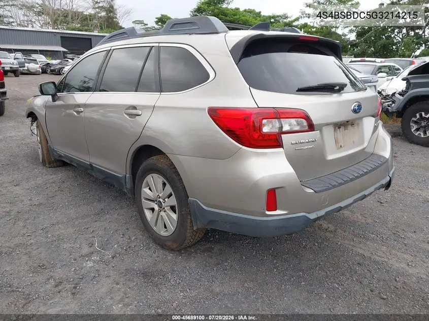 2016 Subaru Outback 2.5I Premium VIN: 4S4BSBDC5G3214215 Lot: 45689100