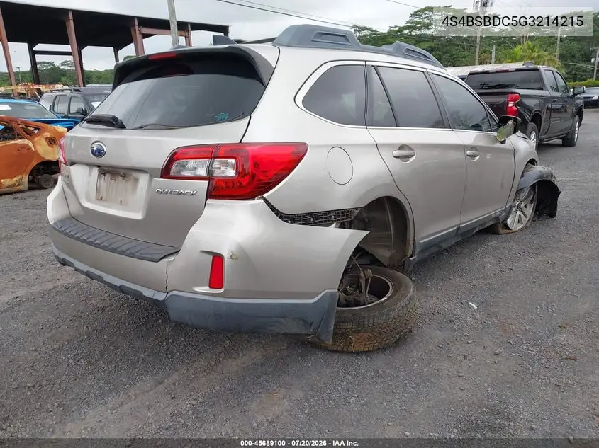 2016 Subaru Outback 2.5I Premium VIN: 4S4BSBDC5G3214215 Lot: 45689100