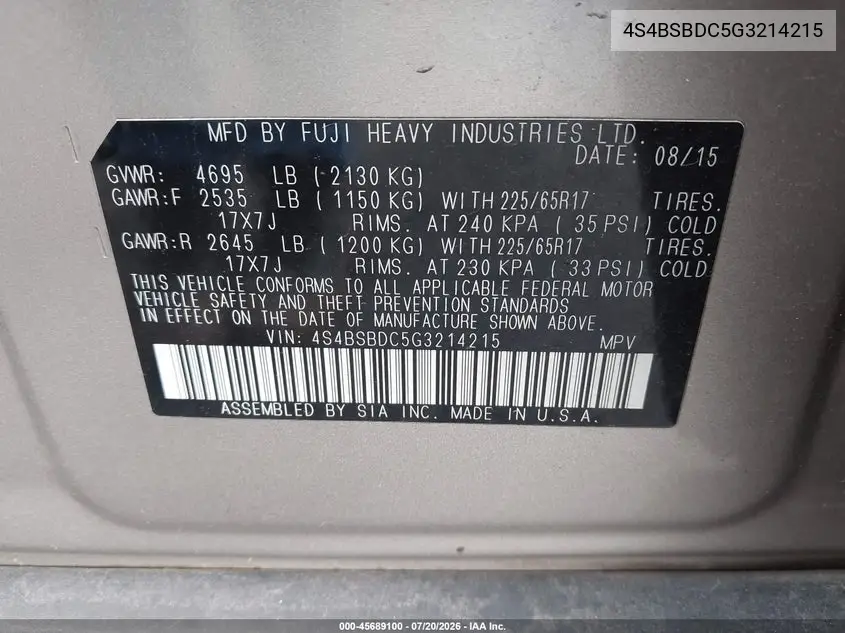 2016 Subaru Outback 2.5I Premium VIN: 4S4BSBDC5G3214215 Lot: 45689100