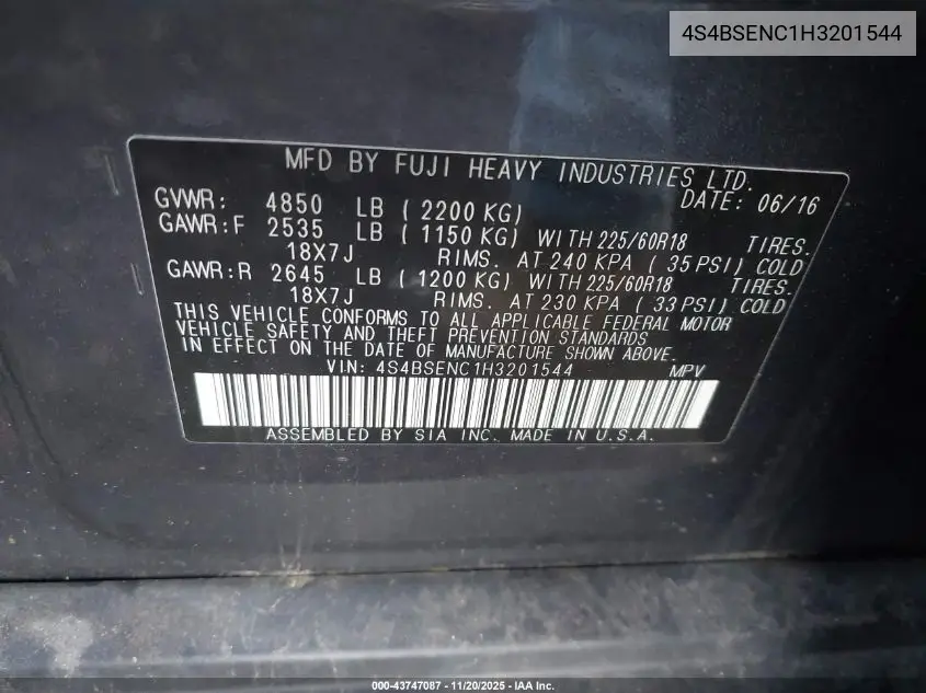4S4BSENC1H3201544 2017 Subaru Outback 3.6R Limited