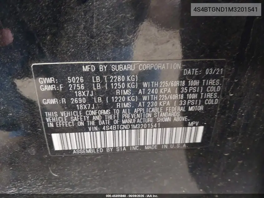 2021 Subaru Outback Limited Xt VIN: 4S4BTGND1M3201541 Lot: 45351248