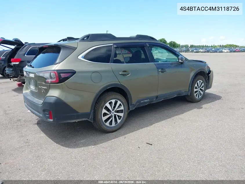 2021 Subaru Outback Premium VIN: 4S4BTACC4M3118726 Lot: 45414314