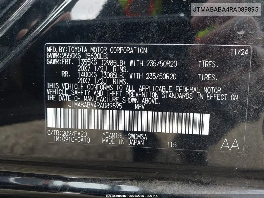 2024 Subaru Solterra Limited VIN: JTMABABA4RA089895 Lot: 45300236