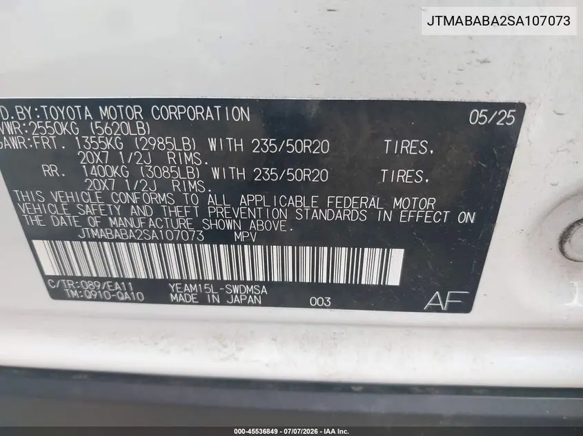 2025 Subaru Solterra Limited VIN: JTMABABA2SA107073 Lot: 45536849