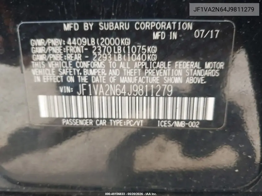 2018 Subaru Wrx Sti VIN: JF1VA2N64J9811279 Lot: 45156833