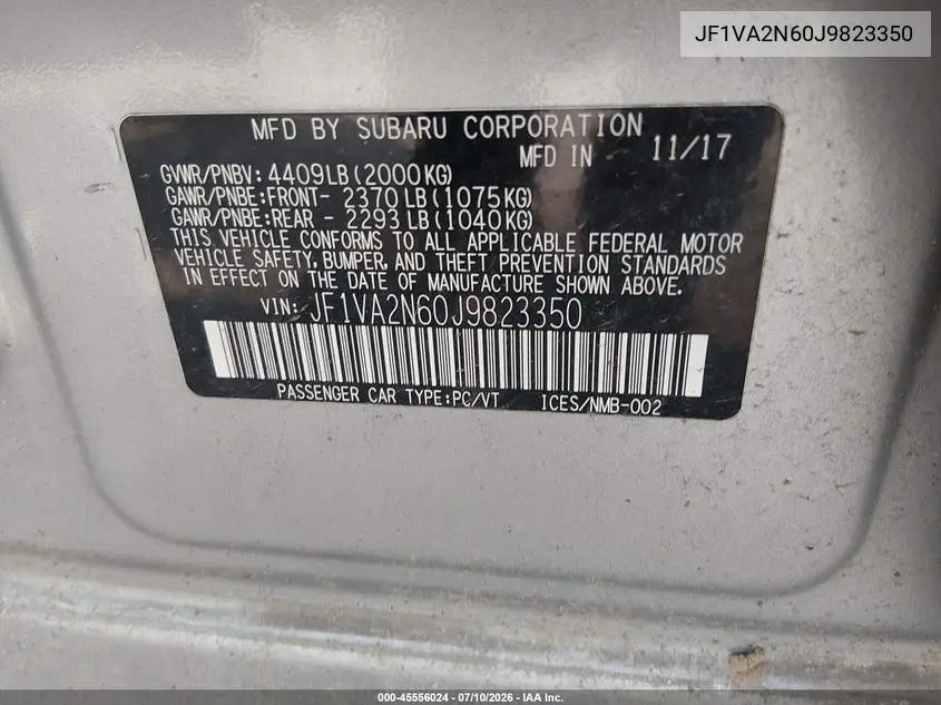 2018 Subaru Wrx Sti VIN: JF1VA2N60J9823350 Lot: 45556024